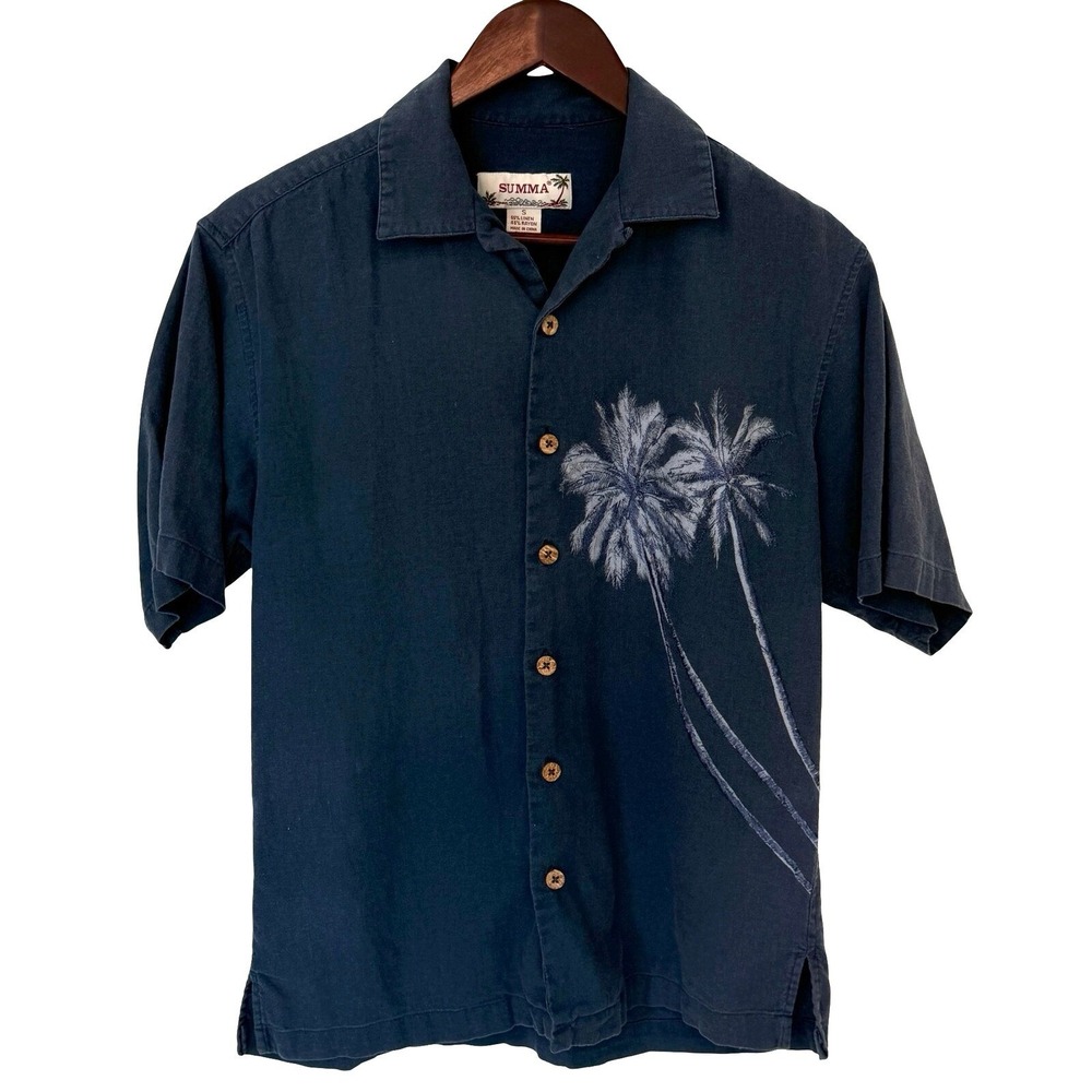 Summa Men's Hawaiian Camp Shirt Size S Navy Blue Palm Tree Linen Rayon Aloha